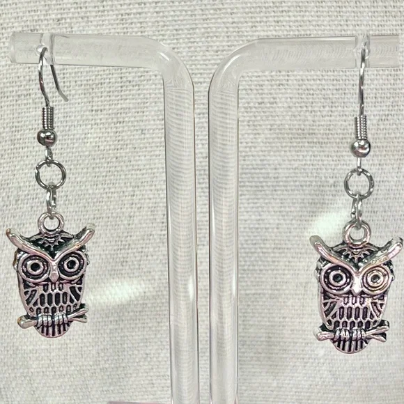 Silver Owl Drop Earrings - Picture 1 of 3